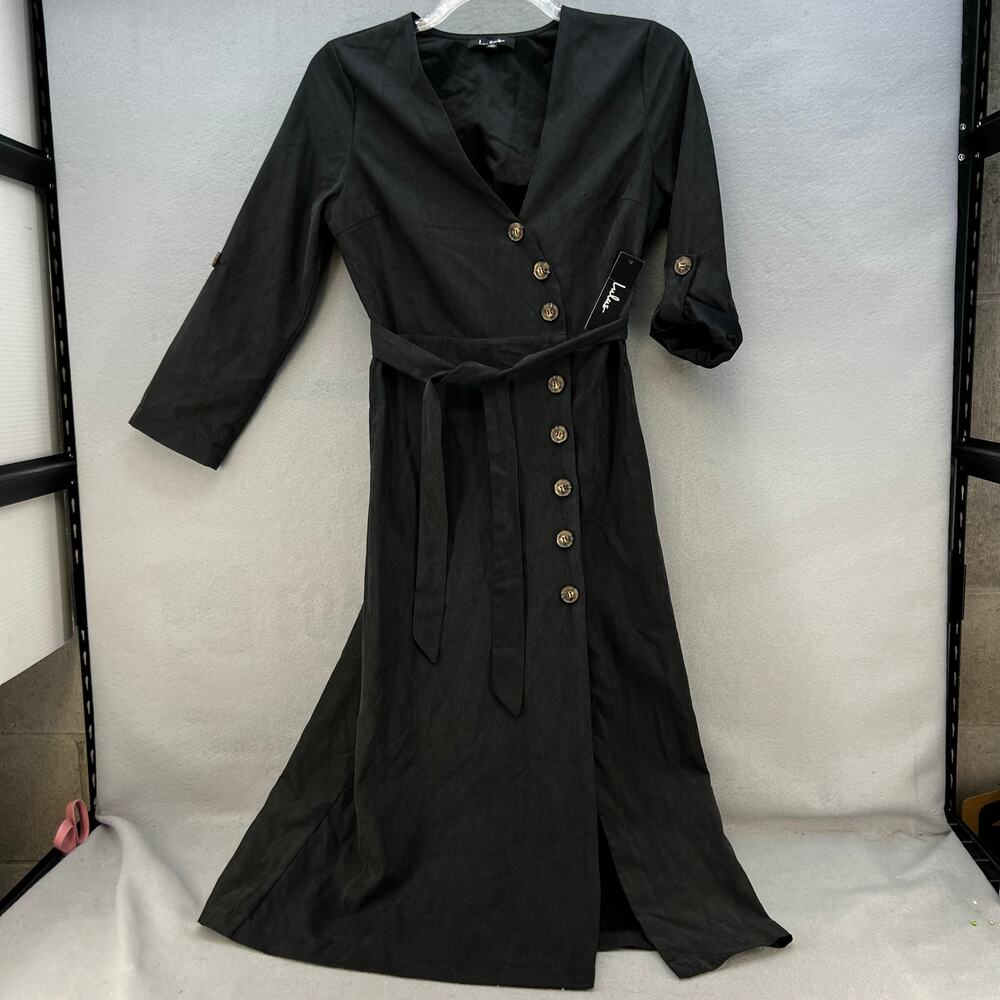 Lulus Dress Women's M Black Button Up Belted Adjustable Sleeve V-neck NWT - Picture 3 of 13